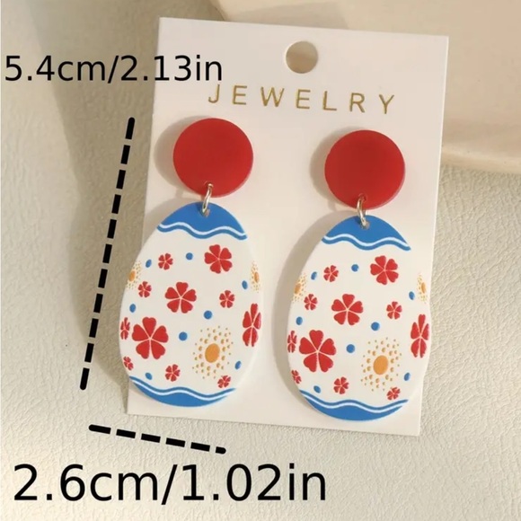 Red & Blue Floral Easter Egg Dangle Earrings - Picture 4 of 4